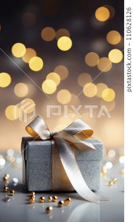 AI-generated content. Festively Wrapped Present Box on Bokeh Lights 110628126