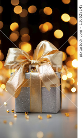 AI-generated content. Festively Wrapped Present Box on Bokeh Lights AI-generated content. Festively Wrapped Present Box on Bokeh Lights 110628145