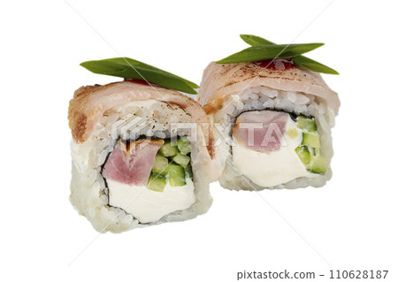 Sushi rolls on a white background. Japanese food of rice, nori seaweed, eel and Philadelphia cheese. Sushi rolls on a white background. Japanese food of rice, nori seaweed, eel and Philadelphia cheese. 110628187