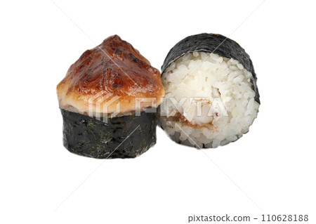 Sushi closeup isolated on white background. Sushi with seaweed nori baked. 110628188