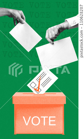 People putting ballot paper into ballot box. Voting, choosing candidate. Contemporary art collage People putting ballot paper into ballot box. Voting, choosing candidate. Contemporary art collage 110628207