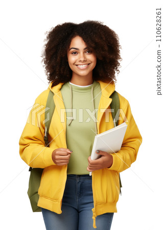 AI-generated content. A Student Woman in a Yellow Jacket Holding a Tablet 110628261