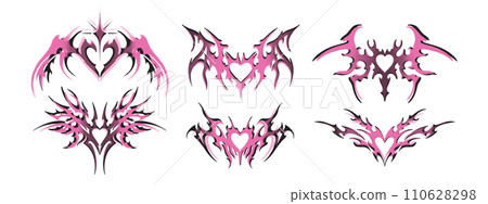 Neo tribal heart tattoo set, Celtic cyber body ornament gothic shapes kit, vector abstract sign.  110628298