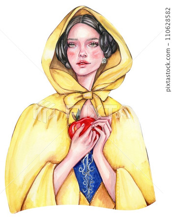 Girl with dark hair in yellow raincoat with apple in her hands. Hand drawn watercolor illustration based on fairy tale. Can be used for poster, t-shirt printing, post card. 110628582