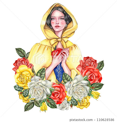 Composition with girl with dark hair in yellow raincoat with apple in her hands and flowers. Hand drawn watercolor illustration based on fairy tale. Can be used for poster, t-shirt printing, post card 110628586