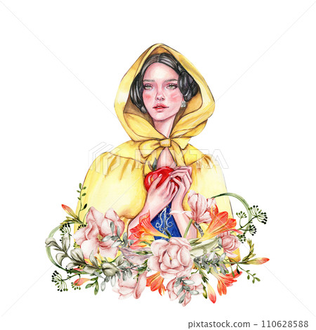 Composition with girl with dark hair in yellow raincoat with apple in her hands and flowers. Hand drawn watercolor illustration based on fairy tale. Can be used for poster, t-shirt printing, post card Composition with girl with dark hair in yellow raincoat with apple in her hands and flowers. Hand drawn watercolor illustration based on fairy tale. Can be used for poster, t-shirt printing, post card 110628588