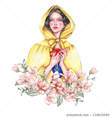 Composition with girl with dark hair in yellow raincoat with apple in her hands and flowers. Hand drawn watercolor illustration based on fairy tale. Can be used for poster, t-shirt printing, post card Composition with girl with dark hair in yellow raincoat with apple in her hands and flowers. Hand drawn watercolor illustration based on fairy tale. Can be used for poster, t-shirt printing, post card 110628589