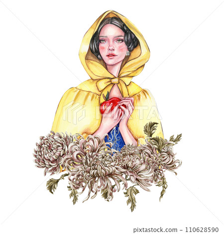 Composition with girl with dark hair in yellow raincoat with apple in her hands and flowers. Hand drawn watercolor illustration based on fairy tale. Can be used for poster, t-shirt printing, post card 110628590