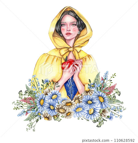 Composition with girl with dark hair in yellow raincoat with apple in her hands and flowers. Hand drawn watercolor illustration based on fairy tale. Can be used for poster, t-shirt printing, post card 110628592