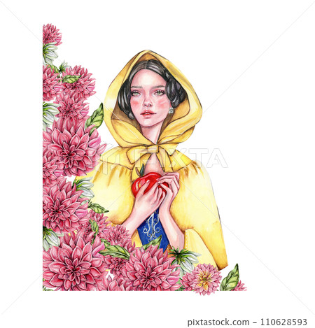 Composition with girl with dark hair in yellow raincoat with apple in her hands and flowers. Hand drawn watercolor illustration based on fairy tale. Can be used for poster, t-shirt printing, post card 110628593