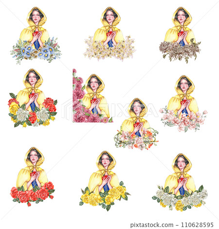 Composition with girl with dark hair in yellow raincoat with apple in her hands and flowers. Hand drawn watercolor illustration based on fairy tale. Can be used for poster, t-shirt printing, post card 110628595