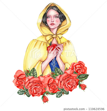 Composition with girl with dark hair in yellow raincoat with apple in her hands and flowers. Hand drawn watercolor illustration based on fairy tale. Can be used for poster, t-shirt printing, post card 110628596