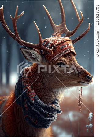 Portrait of deer in a hat and scarf. AI generated 110628703