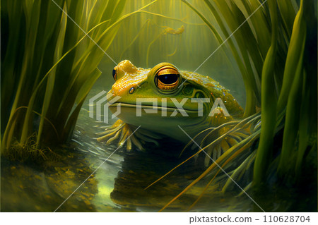 Green toad sits on a swamp. AI generated 110628704