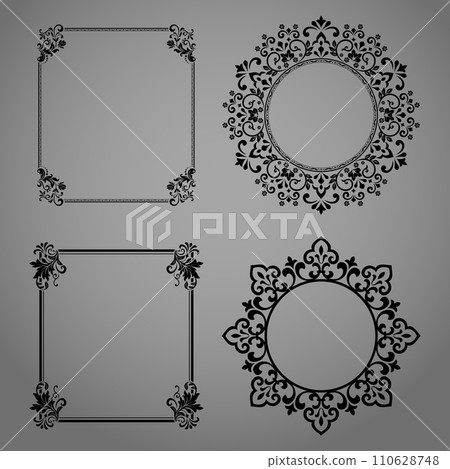Set of decorative frames Elegant vector element for design in Eastern style, place for text. Floral black and gray borders. Lace illustration for invitations and greeting cards 110628748