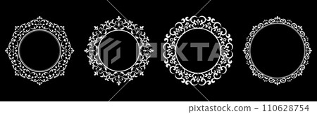 Set of decorative frames Elegant vector element for design in Eastern style, place for text. Floral black and white borders. Lace illustration for invitations and greeting cards. 110628754