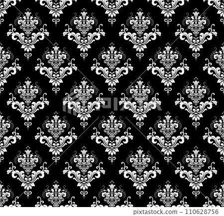 Wallpaper in the style of Baroque. Seamless vector background. White and black floral ornament. Graphic pattern for fabric, wallpaper, packaging. Ornate Damask flower ornament Wallpaper in the style of Baroque. Seamless vector background. White and black floral ornament. Graphic pattern for fabric, wallpaper, packaging. Ornate Damask flower ornament 110628756