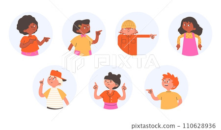 Kids show hands gesture with the index fingers, set of cartoon vector 110628936
