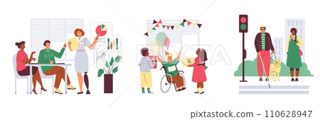 Inclusion, disability people, cartoon flat vector illustrations on white 110628947