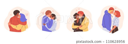 Two lovers hugging and kissing, enamored couple spending time together, romantic relationship vector cartoon set 110628956