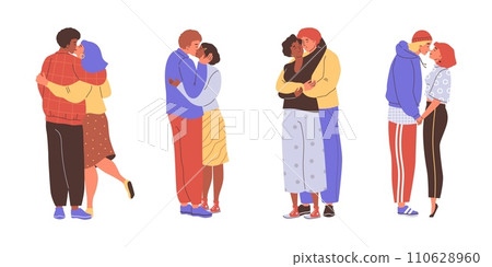 Two lovers hugging and kissing, enamored couple spending time together, romantic people vector cartoon illustrations set Two lovers hugging and kissing, enamored couple spending time together, romantic people vector cartoon illustrations set 110628960