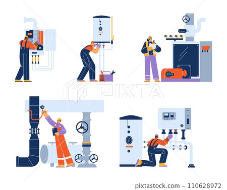 Engineers and technicians check, control, repair and fix boiler and heating system. Engineers and technicians check, control, repair and fix boiler and heating system. 110628972