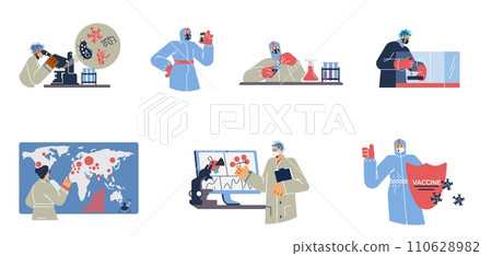 Set of virologist people working flat style, vector illustration 110628982