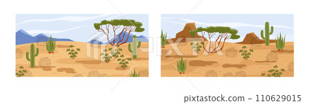 Desert Savanna landscape with sand dunes and unique flora, vector illustration. 110629015