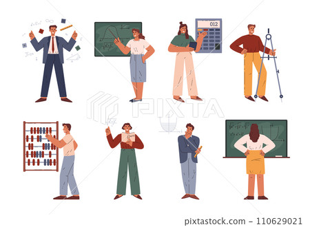 People make mathematical calculations, formulas, equations and graph with mathematician and geometric tools vector set 110629021