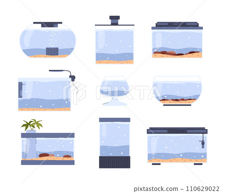 Glass home aquarium collection and accessories, different fish tanks set. Stones on sand, and pure water. Cartoon vector illustration isolated on white background Glass home aquarium collection and accessories, different fish tanks set. Stones on sand, and pure water. Cartoon vector illustration isolated on white background 110629022