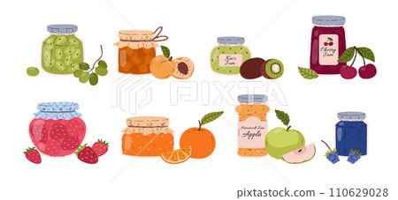 Glass jars with fruit or berries jam vector set, containers with juicy apricot, apple, strawberry confiture, jelly Glass jars with fruit or berries jam vector set, containers with juicy apricot, apple, strawberry confiture, jelly 110629028