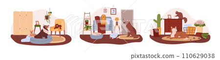 Good and bad pets behavior in cozy home, apartment, damaged pillow, turned plant pot, vector set of pets surprise 110629038