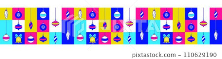 Graphic Christmas decor pattern. Holidays 2024 postcard. Square Line icons 110629190