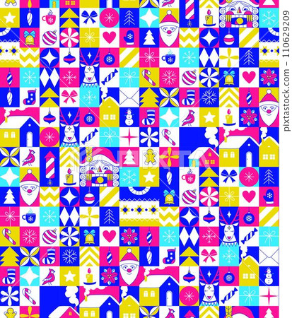 Graphic Christmas seamless pattern. Holidays 2024 postcard. Square Line icons Graphic Christmas seamless pattern. Holidays 2024 postcard. Square Line icons 110629209