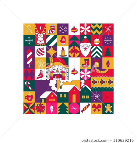 Graphic Christmas pattern. Holidays 2024 postcard. Square Line icons 110629216