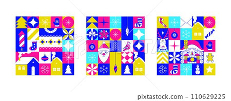Graphic Christmas pattern. Holidays 2024 postcard. Square Line icons Graphic Christmas pattern. Holidays 2024 postcard. Square Line icons 110629225