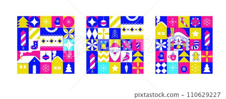 Graphic Christmas pattern. Holidays 2024 postcard. Square Line icons Graphic Christmas pattern. Holidays 2024 postcard. Square Line icons 110629227