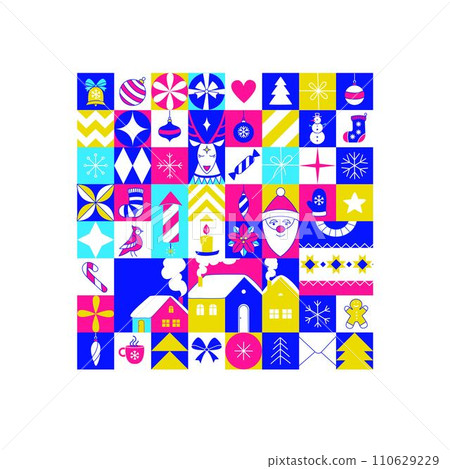 Graphic Christmas pattern. Holidays 2024 postcard. Square Line icons Graphic Christmas pattern. Holidays 2024 postcard. Square Line icons 110629229