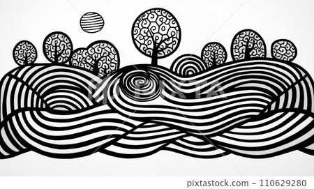 AI-generated content. Abstract black and white ink landscape with striped patterns creating rolling hills and whimsical trees under a patterned sky. 110629280