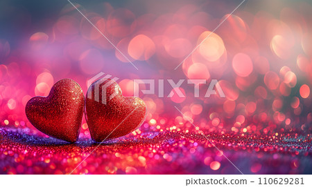AI-generated content. Two red sparkling hearts in the foreground with a vibrant red bokeh effect, perfect for Valentine's Day decorations, romantic event flyers, and love-inspired graphic designs. AI-generated content. Two red sparkling hearts in the foreground with a vibrant red bokeh effect, perfect for Valentine's Day decorations, romantic event flyers, and love-inspired graphic designs. 110629281