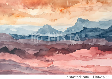 AI-generated content. Abstract watercolor landscape with layered mountain ranges in hues of red, orange, and blue, perfect as a tranquil background for various creative projects. AI-generated content. Abstract watercolor landscape with layered mountain ranges in hues of red, orange, and blue, perfect as a tranquil background for various creative projects. 110629282