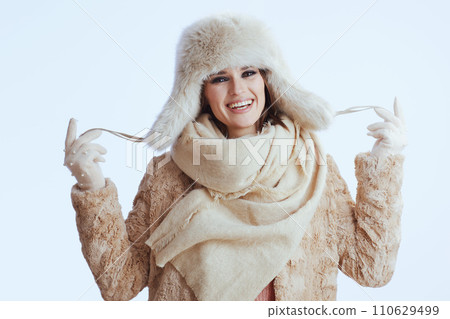 smiling stylish 40 year old woman having fun time on white 110629499