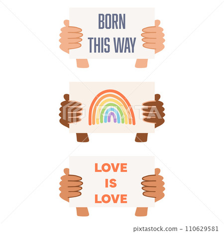 Set of hands with different skin colors holding posters. Pride month concept, lgbtq movement, people diversity, gender equality 110629581