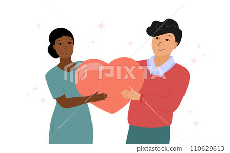 Multiracial couple in love together. Woman and man of different races holding big heart love symbol and smiling. Happy relationship, marriage, family. Vector illustration Multiracial couple in love together. Woman and man of different races holding big heart love symbol and smiling. Happy relationship, marriage, family. Vector illustration 110629613