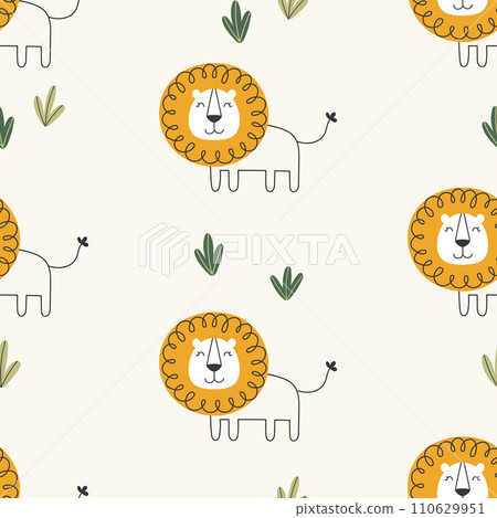 Childish vector seamless pattern with cute hand drawn lions in simple cartoon doodle style. 110629951