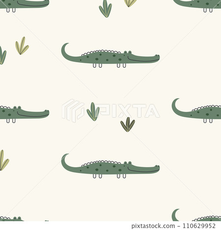 Children s vector seamless pattern with cute hand-drawn crocodiles in a simple cartoon doodle style. Children s vector seamless pattern with cute hand-drawn crocodiles in a simple cartoon doodle style. 110629952