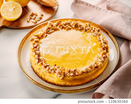 Modern vegan lemon tart or lemon cake, modernly decorated chopped walnuts. Delicious whole lemon pie on plate on white marble table background. Aesthetic of traditional classic french lemon tart Modern vegan lemon tart or lemon cake, modernly decorated chopped walnuts. Delicious whole lemon pie on plate on white marble table background. Aesthetic of traditional classic french lemon tart 110630360