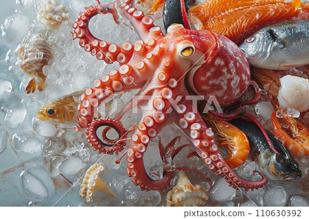 Fresh raw octopus on ice with fish and sea food Fresh raw octopus on ice with fish and sea food 110630392