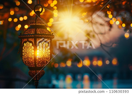 Ornamental Arabic lantern with burning candle in the evening Ornamental Arabic lantern with burning candle in the evening 110630393