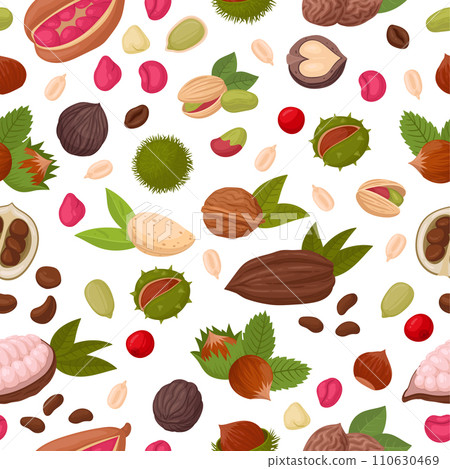 Nuts seamless pattern. Seeds and nuts, raw almond, peanut, walnut, macadamia and hazelnut endless design. Flat vector background illustration 110630469